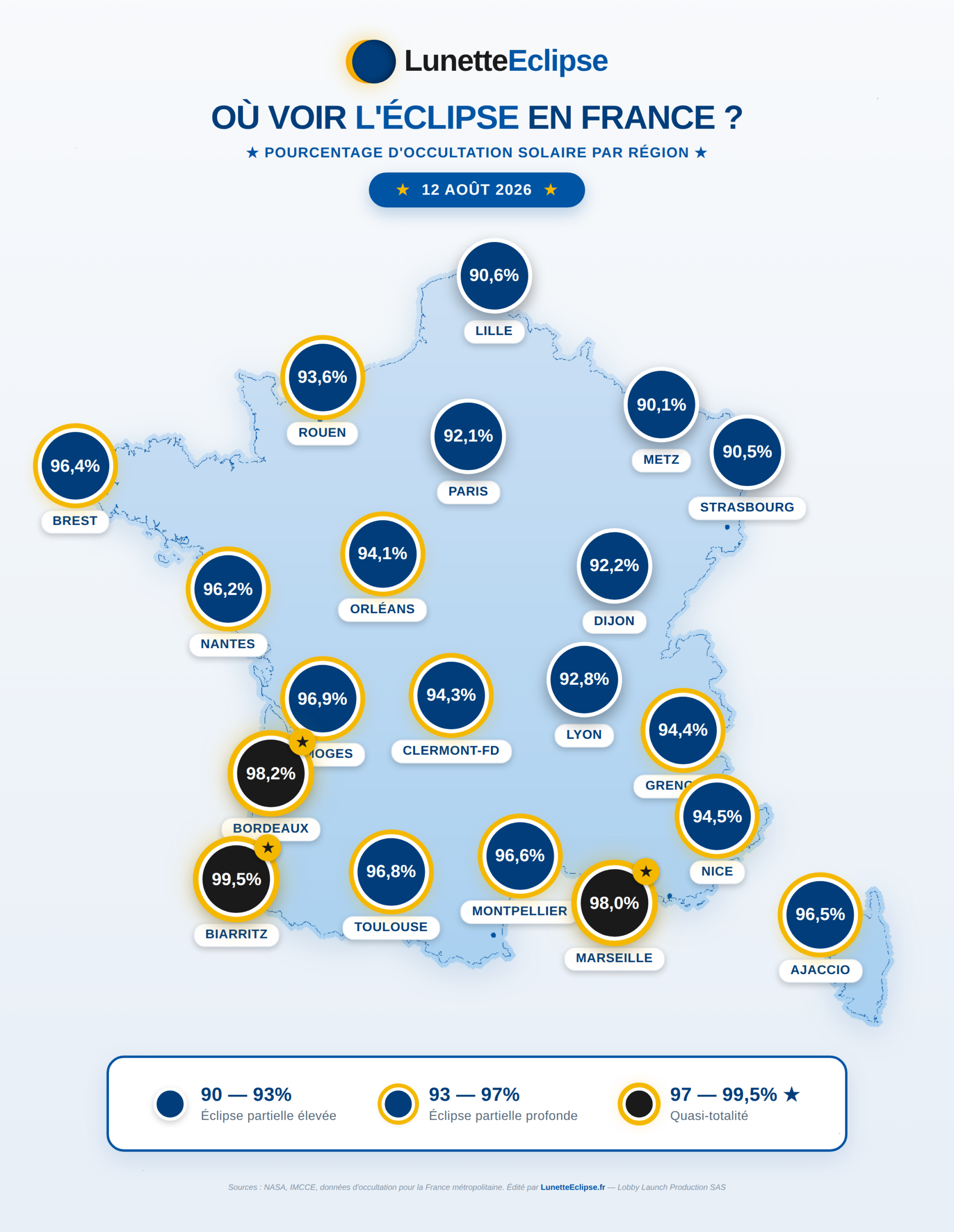 Carte de visibilité de l'éclipse solaire 2026 en France - pourcentage d'occultation par région